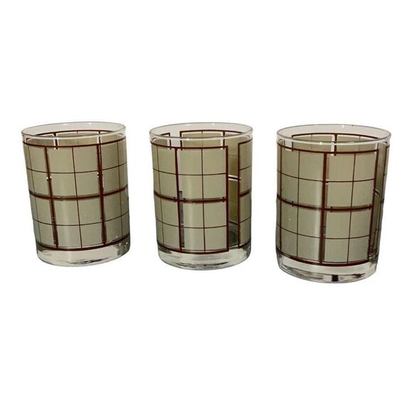 Georges Briand Brown Beige Checker Old Fashioned Whiskey Rocks Tumblers Glasses - Picture 1 of 5
